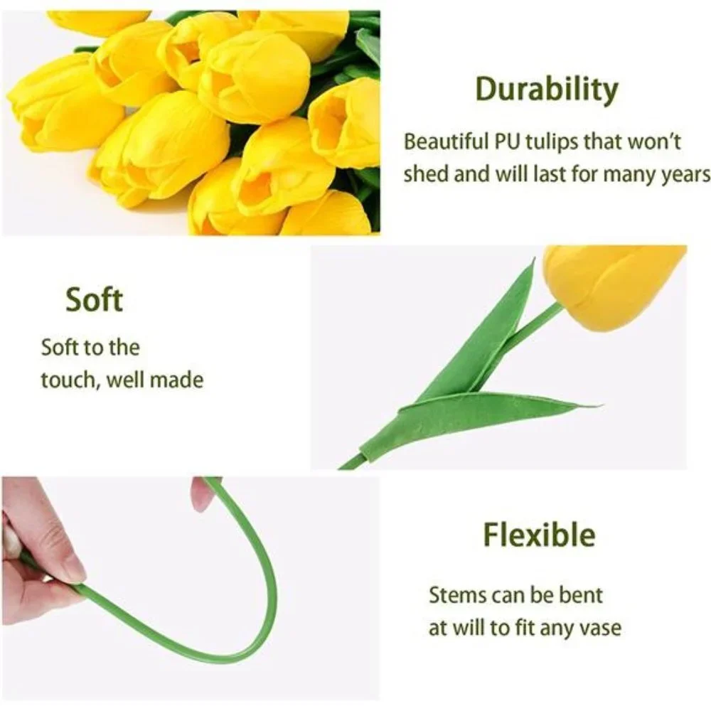 10 Pcs Tulips Artifical Flowers Real Touch Faux Tulip Stems Table Decor (Yellow)